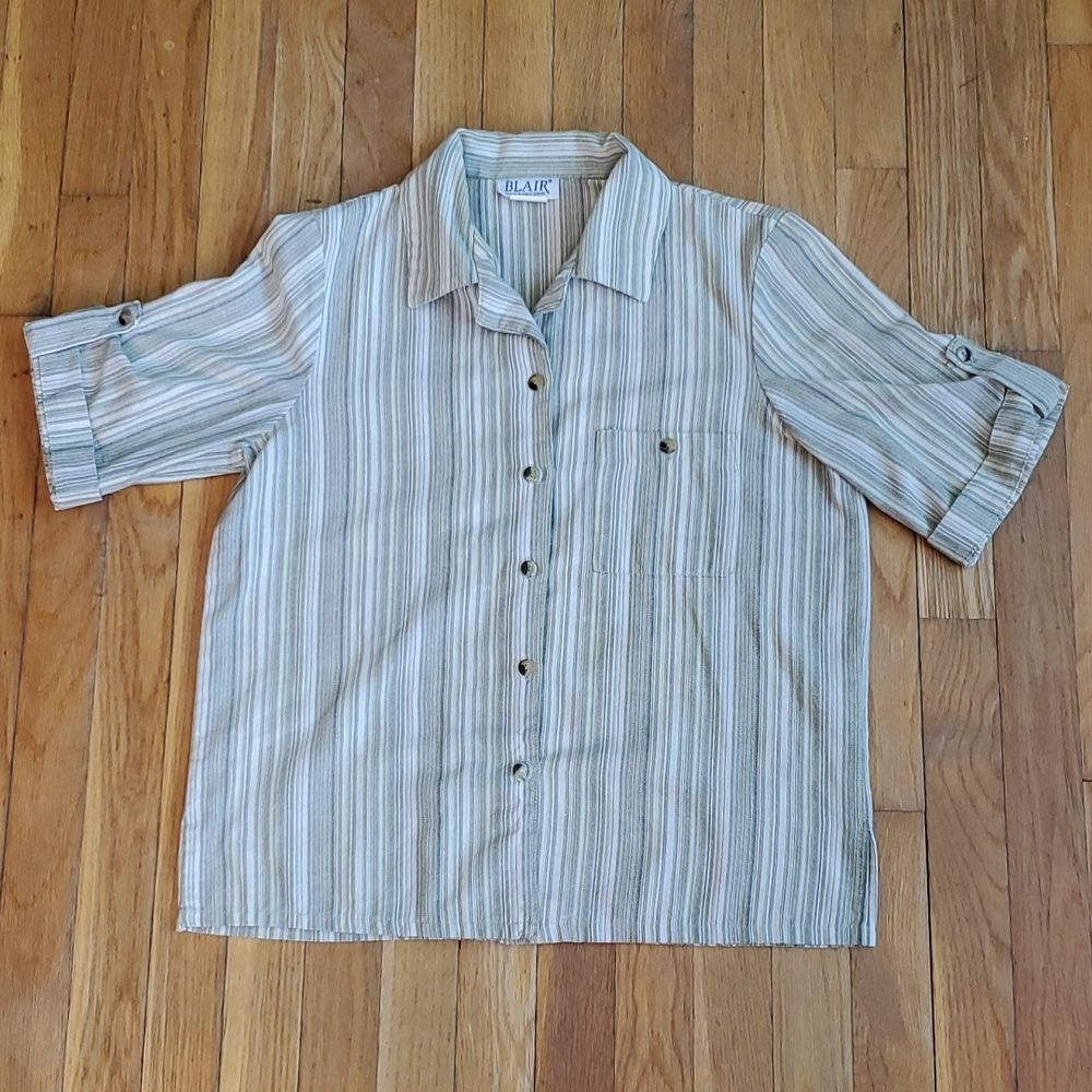 Vintage Blair green striped button down short sleeve pocket‎ shirt